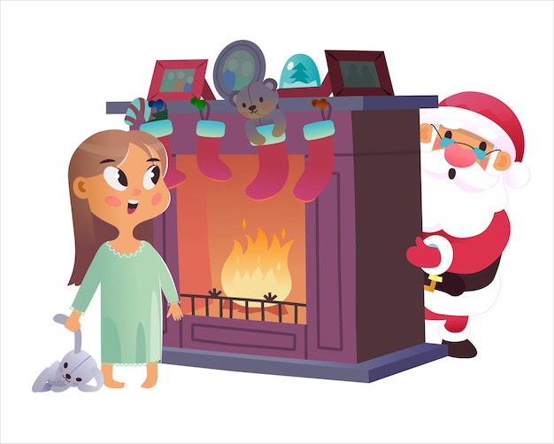 Santa hiding from a little girl behind the fireplace Vector illustrations. Christmas images.