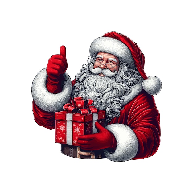 santa holding a present with a hand up Santa Claus in a textured red velvet suit with fluffy white