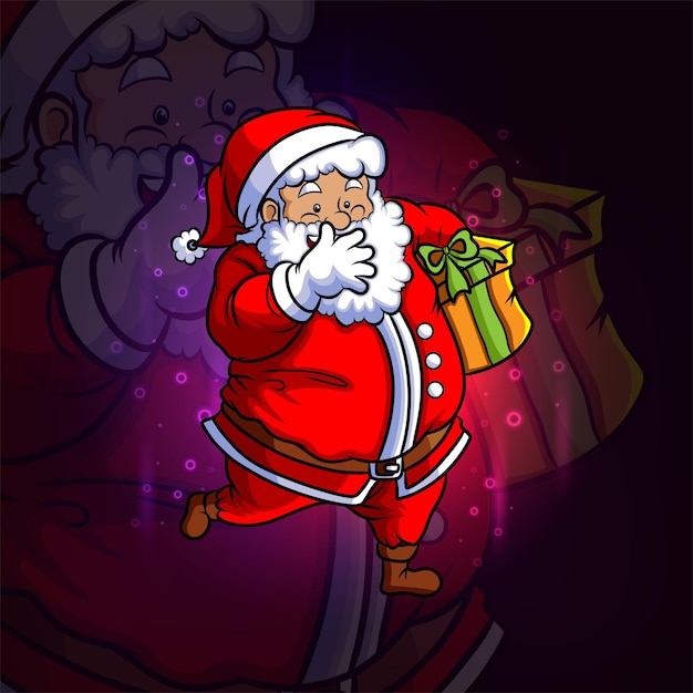 The santa is giving the gift esport logo design of illustration