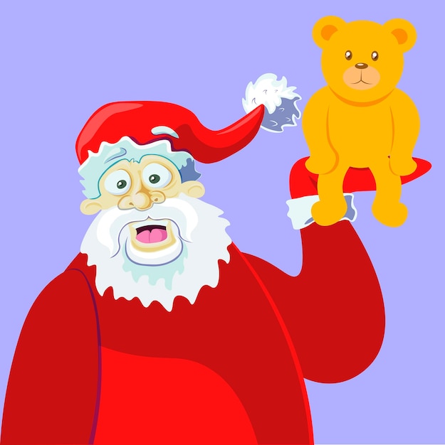 Santa is laughing and holding a teddy bear in his hand