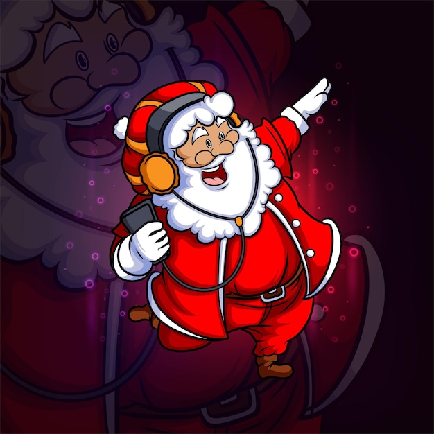 Vector the santa is listening the music esport logo design of illustration