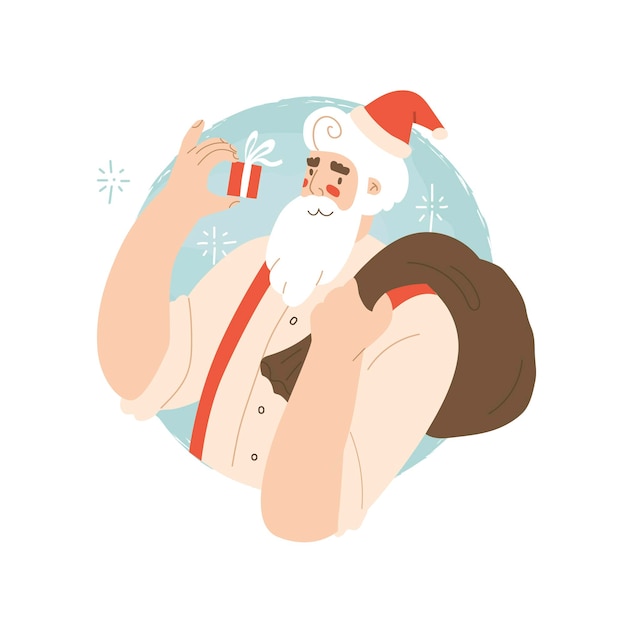 Vector santa klaus portrait in blue round frame. flat style in vector illustration. isolated on white background. happy new year, merry christmas. a kind grandfather with a white beard keeping little gift.