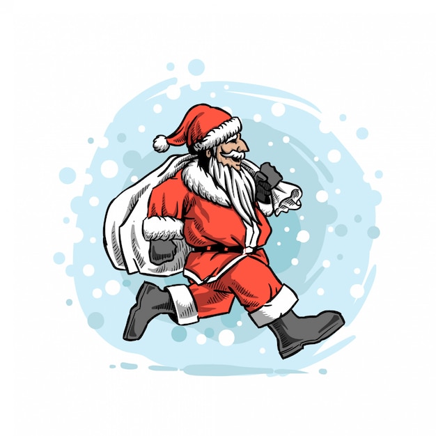 Santa ran in the snow with gifts illustration