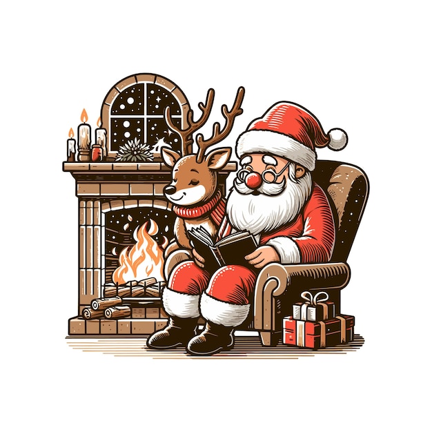 santa reading a book by a fireplace Santa Claus and a reindeer relaxing by a fireplace