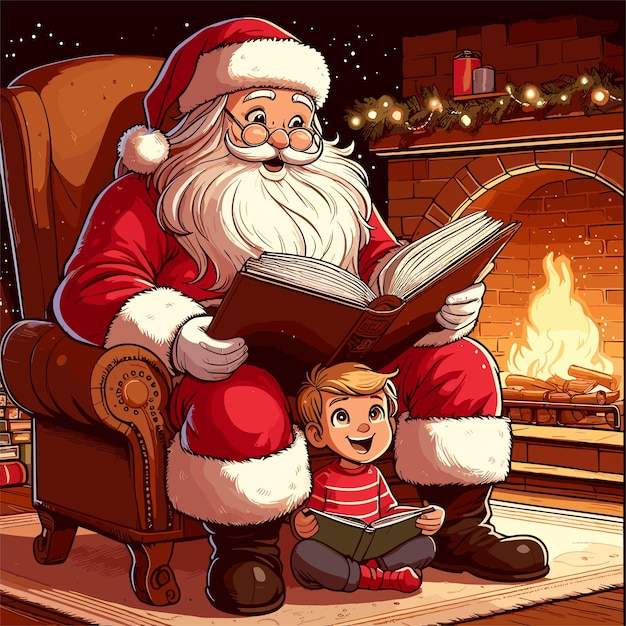 Vector a santa reading a book with a little boy santa claus reading a storybook to a captivated child