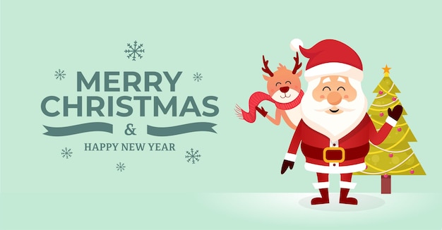 Santa and reindeer banner with Merry Christmas and Happy New Year greetings. flat design illustration