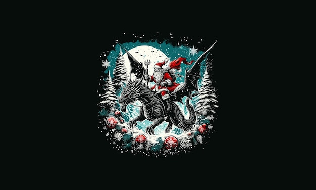 santa riding dragon flying vector artwork design