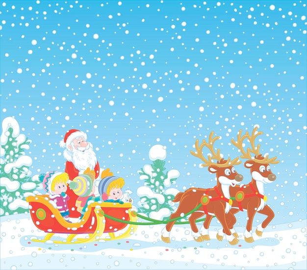 Santa riding happy little kids in his magic sleigh with merry reindeers on a snowy Christmas day