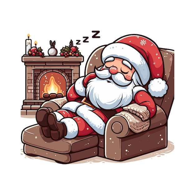 a santa sleeping in a chair with a fireplace Santa Claus peacefully sleeping