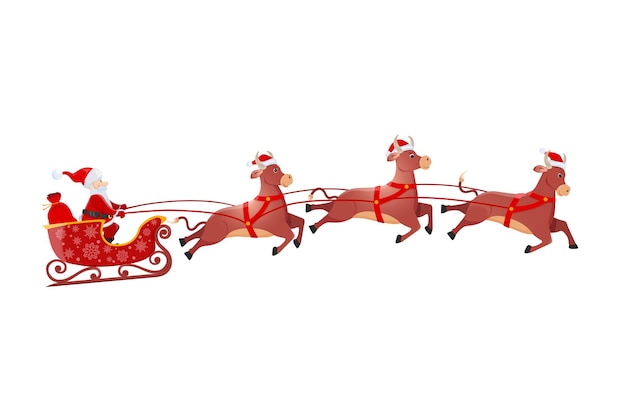 Santa on Sleigh and His flying three bulls Isolated