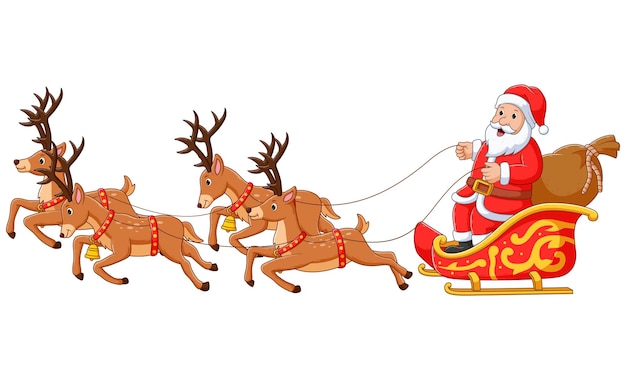 Santa in Sleigh and His Reindeer isolated on a white background. Vector Cartoon Illustration