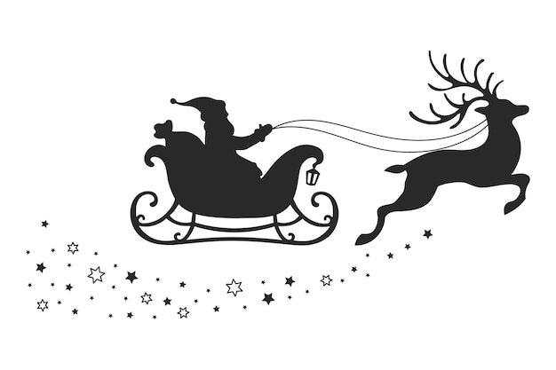 Santa on a sleigh with reindeer and stars silhouette on a white background Winter illustration