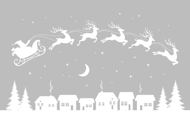 Santa on a sleigh with reindeers in the sky with the moon winter landscape silhouette