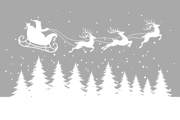 Santa on a sleigh with reindeers in the sky with the moon winter landscape white silhouette