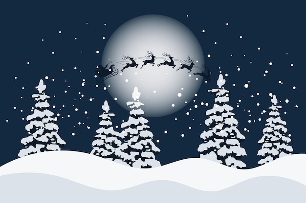 Vector santa on a sleigh with reindeers in the sky with the moon winter landscape with fir trees