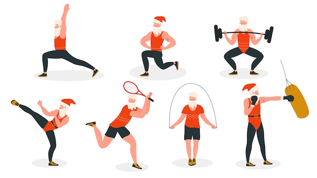 Santa in sport healthy activity vector illustration, cartoon flat active bearded Santa wearing xmas red hat and athlete sportsman suit doing sport or yoga exercises