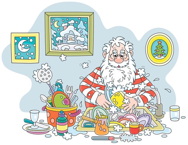 Santa washing dishes, pans, forks and spoons with liquid soap in a kitchen after a fun winter party