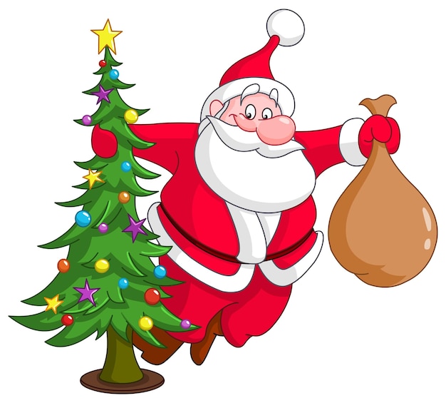 Vector santa with christmas tree and gifts sack