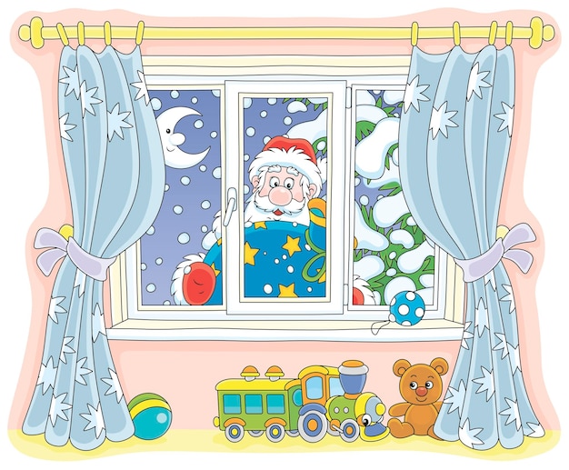 Santa with his gift bag looking through a window into a nursery on the snowy night before Christmas