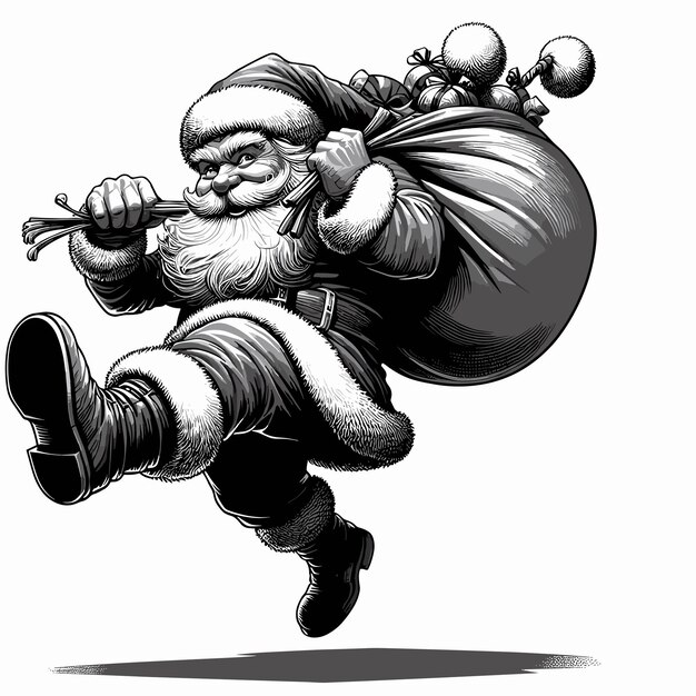 Vector santa with a stick in his mouth santa claus balancing on one leg holding a bag of toys over his sh