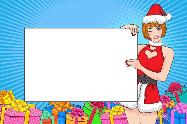 Santa woman and gift box holding white empty space for your text background pop art comics style