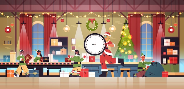 Vector santa woman holding clock mix race elves putting gifts on conveyor new year christmas holidays celebration concept workshop interior horizontal full length vector illustration