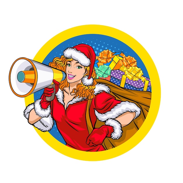 Santa woman holding megaphone and gift bag on circle sign  In Retro Vintage Pop Art Comic Style