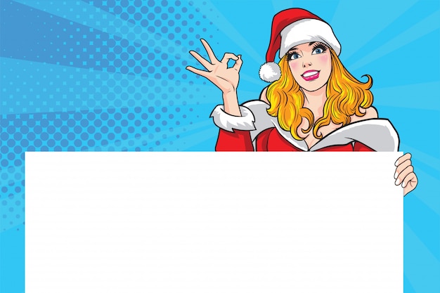 Santa woman showing okay gesture action with blank placard