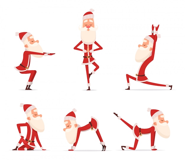 Santa yoga poses, Christmas winter holiday sport healthy character standing in various relax poses cute mascot isolated