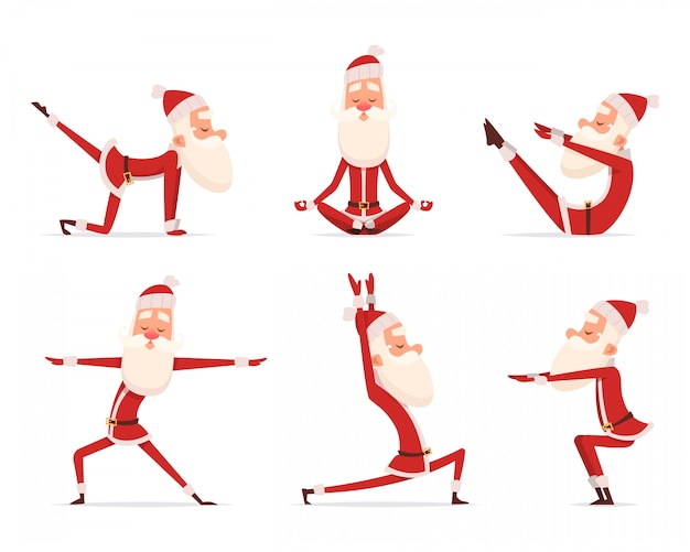 Santa yoga relax. Winter cute healthy christmas holiday santa claus outdoor doing sport yoga exercises characters