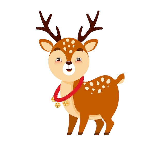 Santas cute reindeer helper with Christmas bells around his neck and red harness Vector i