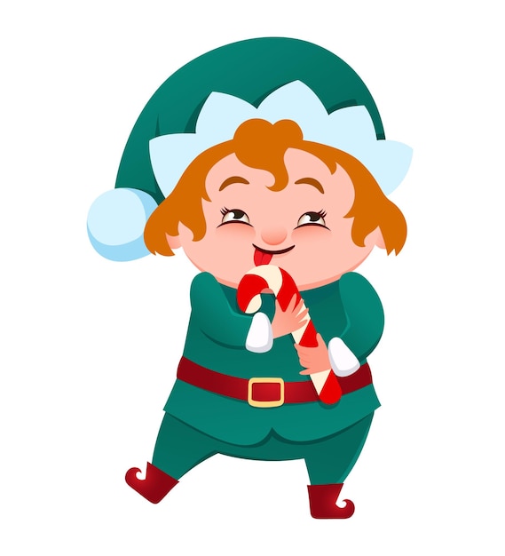 Santas elf helper is holding a Christmas candy Vector illustration in cartoon style isolated o