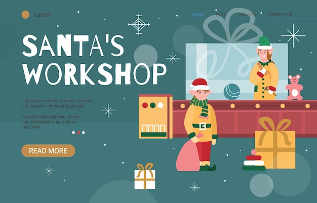 Vector santas workshop website with elves packing gifts cartoon vector illustration