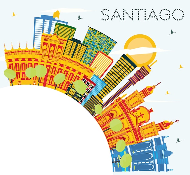 Santiago Chile Skyline with Color Buildings, Blue Sky and Copy Space. Vector Illustration. Business Travel and Tourism Concept with Modern Buildings. Santiago Cityscape with Landmarks.