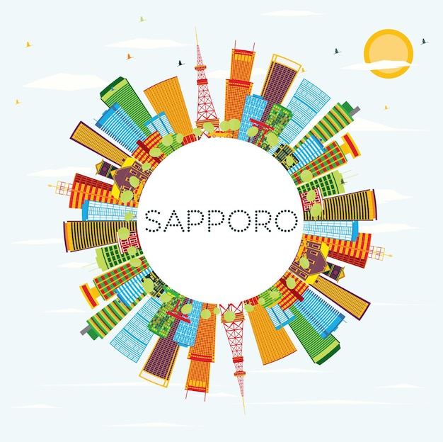 Sapporo Skyline with Color Buildings, Blue Sky and Copy Space. Vector Illustration. Business Travel and Tourism Concept with Modern Architecture.