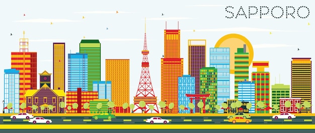 Sapporo Skyline with Color Buildings and Blue Sky. Vector Illustration. Business Travel and Tourism Concept with Modern Architecture. Image for Presentation Banner Placard and Web Site.