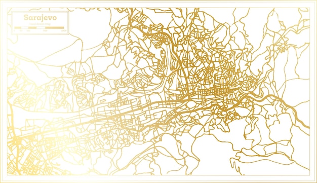 Sarajevo Bosnia and Herzegovina City Map in Retro Style in Golden Color Outline Map