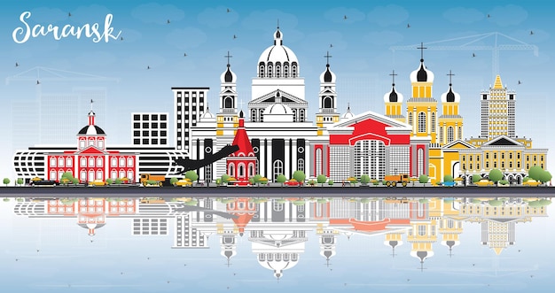 Saransk Russia City Skyline with Color Buildings, Blue Sky and Reflections. Vector Illustration. Business Travel and Tourism Concept with Modern Architecture. Saransk Cityscape with Landmarks.