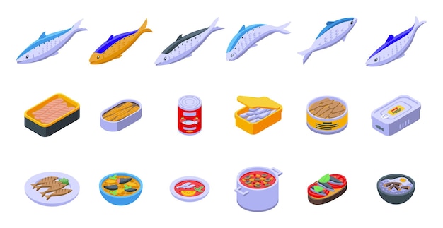 Sardine icons set isometric vector Can fish