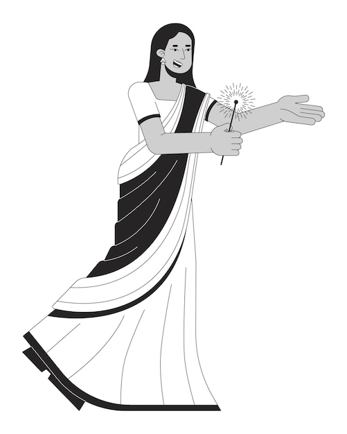 Sari wearing happy woman with bengal light black and white 2D line cartoon character