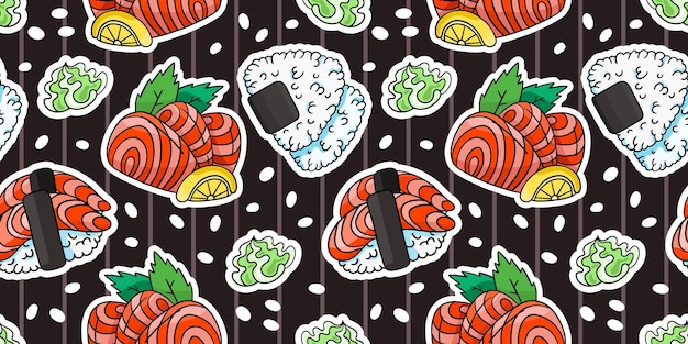 Sashimi onigiri rice nigiri vector seamless pattern in the style of doodles hand drawn