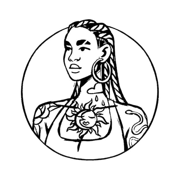 Sassy girl face avatar in circle Fashion young woman with dreadlocks tattoo ring earrings Attractive female character head portrait in contour round Outline isolated vector illustration on white