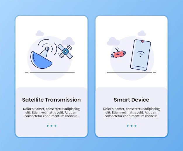 Satellite transmission and smart device onboarding template for mobile ui app design vector illustration