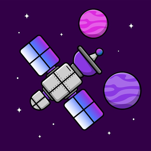 Satellite With Planet Cartoon Vector Icon Illustration