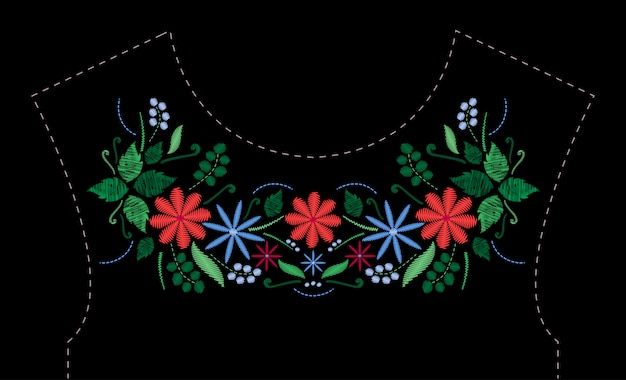 Vector satin stitch embroidery design with flowers. folk line floral trendy pattern for dress neckline. ethnic fashion ornament for neck on black background.