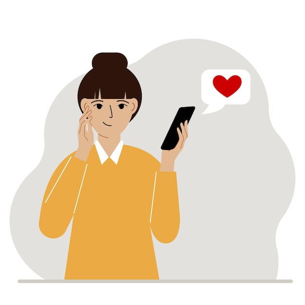 Satisfied woman reads a message on his mobile phone Message with red heart Vector flat illustration