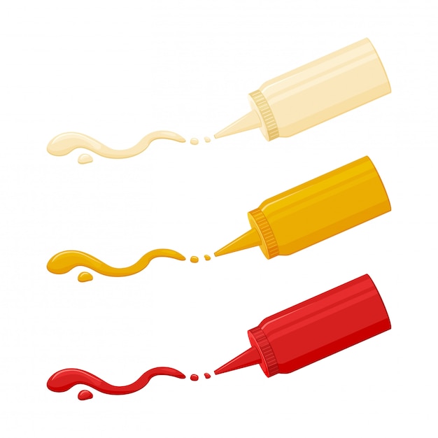 Sauce icon, mayonnaise, mustard and ketchup. Hot spice sauce packed in plastic bottle. 