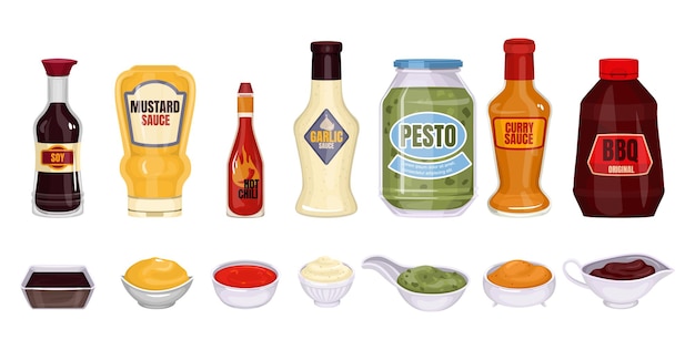 Sauce packaging set with isolated images of sauce bottles with text and dishes with delicious sauces illustration