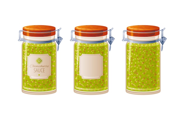 Sauce vector Hot green sauce chimichurri pesto salsa Mexican or argentinian marinade with parsley oregano avocado oil Glass jar with spicy food and label Vector illustration of herb bottle