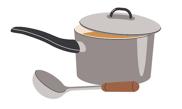 Saucepan and ladle Kitchen cooking items vector illustration of cooking elements isolated on a white background